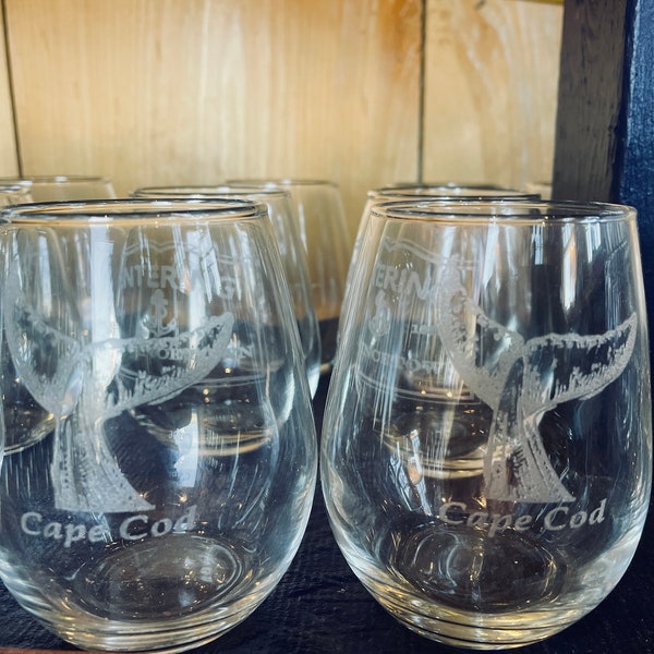 Cape Cod Whale Tail Stemless Wine Glass Holds 12 Ounces Laser Engraved Can be Personalized