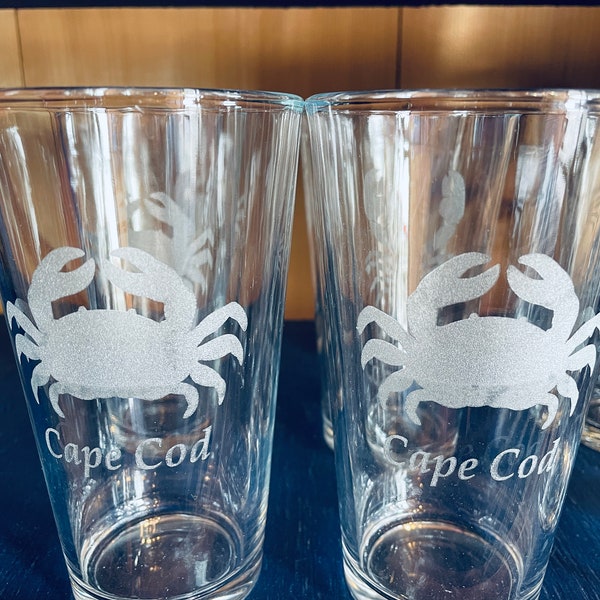 Crab Pint Glass Holds 16 Ounces Laser Engraved Can be Personalized Clear or Cobalt Blue