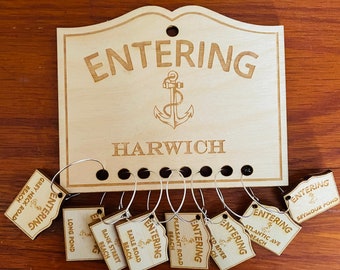 Entering Harwich Wine Glass Charm Set with Holder made from Sustainable Birch Set Includes 8 Unique Custom Personalized Charms