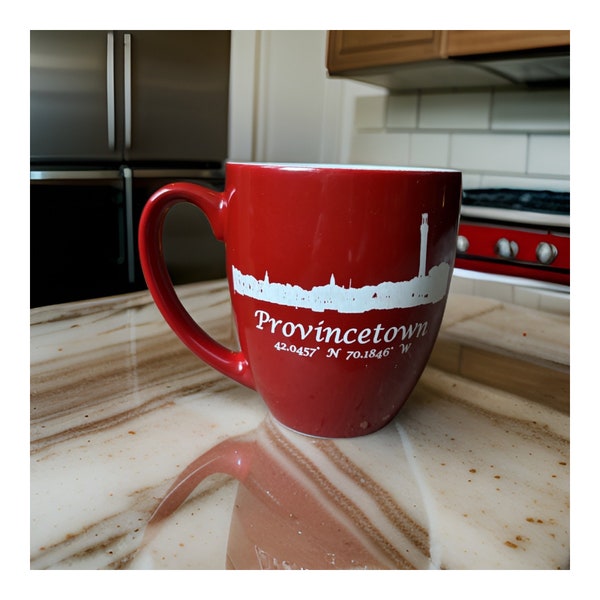 Provincetown Bistro Ceramic Mug Holds 16 Ounces Laser Engraved Can be Personalized 6 Colors Available