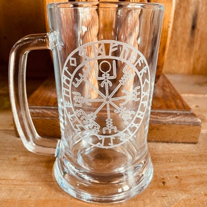 Viking Compass Vegvisir Glass Beer Mug Laser Engraved Can be Personalized 16 Ounces