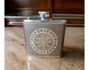 Viking Helm of Awe  Stainless Steel Leatherette Hip Flask