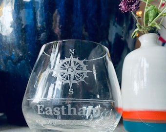 Cape Cod Location Coordinates 12 Ounce Stemless Wine or Whiskey Glass with Nautical Compass Rose Design Can Be Personalized