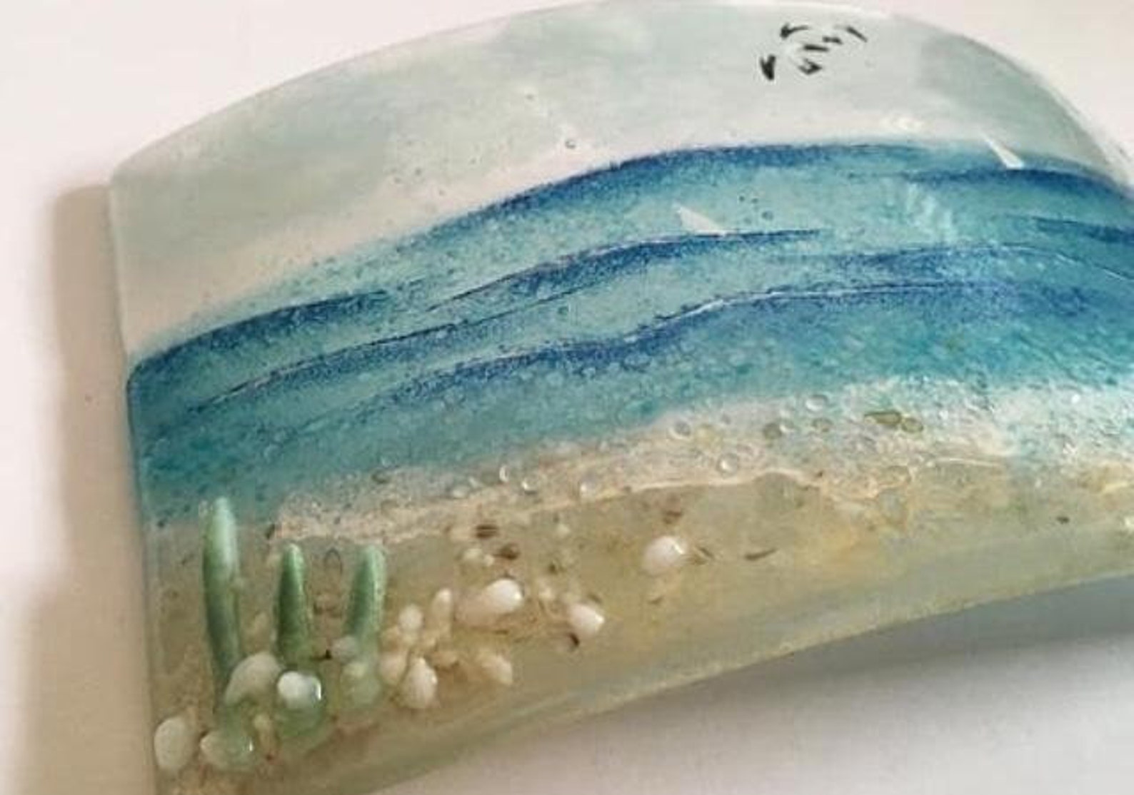 Fused glass Devon seascene. Freestanding wave 6 cm. hand ...