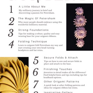 May include: A table of contents for a guide to origami ribbon headbands. The guide includes sections on the history of Petersham ribbon, folding techniques, secure folds and attaching, finishing touches, other origami patterns, and an inspiration gallery.