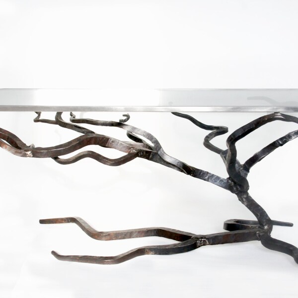 Glass and Metal Coffee Table, Forged Sofa Table, Blacksmiths Side Table, Glass Table Top, Tree Table