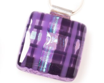 Handcrafted in Scotland Fused Glass Cara Tartan Square Pendant with 46cm Sterling Silver Chain and Handcrafted Sterling Silver Bale