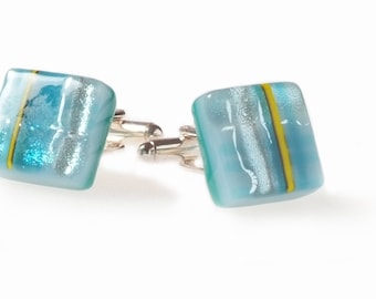 Handcrafted in Scotland Fused Glass Skye Tartan Cufflinks, Blue with Sparkly Dichroic details.  Approx 14mm square