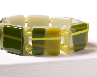 Handcrafted in Scotland Fused Glass Tutti Frutti Spring Green Bracelet with Sparkly Dichroic details