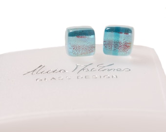 Handcrafted in Scotland Fused Glass Skye Tartan Stud Earrings, Blue with Sparkly Dichroic details.  Approx 6mm square