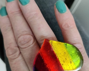 Chunky statement rainbow heart fused glass  ring