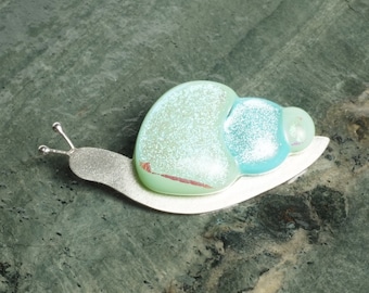 Sterling Silver Snail brooch Fused glass dichroic Green and Turquoise Large chunky