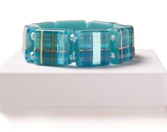 Handcrafted in Scotland Fused Glass Skye Tartan Bracelet, Blue with Sparkly Dichroic details.