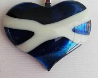 Fused Glass Saltire Heart Pendant on 18 inch Sterling Silver Snake Chain .