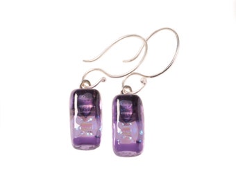 Handcrafted in Scotland Fused Glass Cara Tartan Dangley Earrings, Purple with Sparkly Dichroic details.