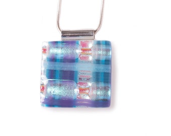 Handcrafted in Scotland Fused Glass Sound of Iona Tartan Pendant, with Sterling Silver 49cm Snake Chain and Handcrafted Sterling Silver Bale