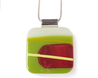Handcrafted in Scotland Fused Glass Spring Green Square Pendant.  Sterling Silver 49cm Snake Chain and Handcrafted Sterling Silver Bale