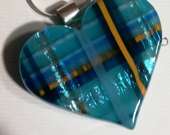 Turquoise Tartan Heart on Sterling Silver 18inch snake chain .