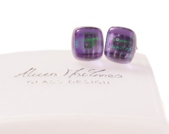 Handcrafted in Scotland Fused Glass Cara Tartan Stud Earrings, Purple with Sparkly Dichroic details.  Approx 6mm square