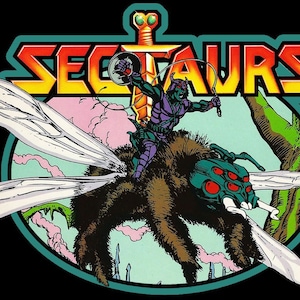 May include: A colorful illustration of a green and purple creature riding a brown, furry, six-legged insect with red eyes. The creature is holding a sword and shield. The text "SECTAURS" is written in yellow, orange, and red letters above the creature.