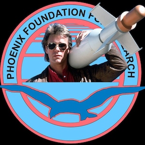 May include: A blue and red circular logo with the text "PHOENIX FOUNDATION FOR RESEARCH" around the outside. A blue bird with outstretched wings is in the center of the circle. A man in a brown leather jacket is holding a white missile over his shoulder.