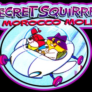 May include: A cartoon illustration of Secret Squirrel and Morocco Mole in a white flying vehicle. The vehicle has a blue bubble-like canopy and pink wheels. The text "Secret Squirrel & Morocco Mole" is in a purple and blue banner above the vehicle.