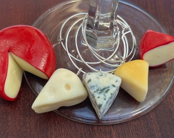 Handmade Polymer Clay Cheese Wine Charms: Artisan Set of 5