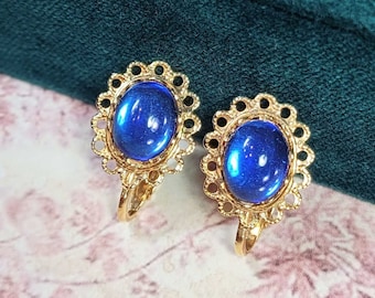 Sapphire Blue Clip On Earrings, Vintage German Glass Stones, Blue Earrings, Non Pierced Earrings, Upcycled Vintage Costume Jewelry