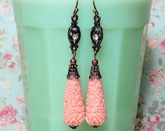 Synthetic Carved Coral Earrings, Simulated Coral Dangle Earrings, Vintage Style Earrings, Statement Earrings, Costume Jewelry Earrings