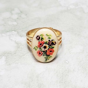 Floral Cameo Ring, Antique Style Ring, Vintage Decal Cameo Ring, Victorian Ring, Gold Tone Adjustable Ring, Size 7-9