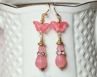 Pink Butterfly Earrings, Pink Dangle Earrings, Elegant Glass Bead Earrings, Statement Earrings, Costume Jewelry, Earrings for Women