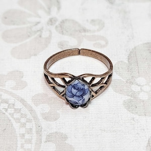 Blue Rose Cameo Ring, Vintage Blue Rose Porcelain Cameo Ring, Antique Style Brass Ring, Victorian Style Ring, Adjustable Ring, Size 7+