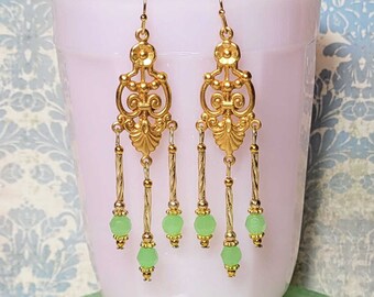 Vintage Style Chandelier Earrings, Green Dangle Earrings, Victorian Style Earrings, Elegant Costume Jewelry Earrings