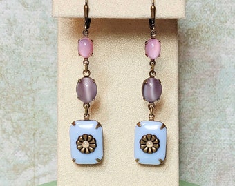 Vintage Glass Moonstone Earrings, Long Dangle Earrings, Vintage Style Earrings, Antique Style Earrings, Earrings For Women