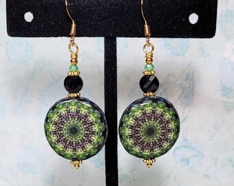 Green Mandala Earrings, Green Mosaic Earrings, Decoupage Wood Dangle Earrings, Green Earrings