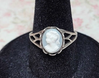 Blue Cameo Ring, Silver Tone Antique Style Ring, Victorian Cameo Ring, Vintage Style Ring, Adjustable Brass Ring, Size 7+