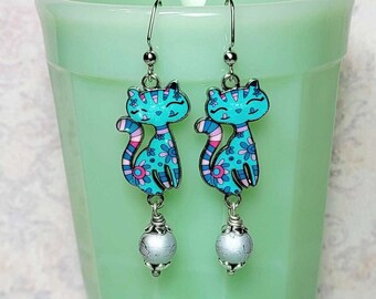 Aqua Blue Cat Earrings, Colorful Cat Earrings, Kitten Earrings, Cat Dangle Earrings, Cat Charm Earrings, Silver Tone Earrings
