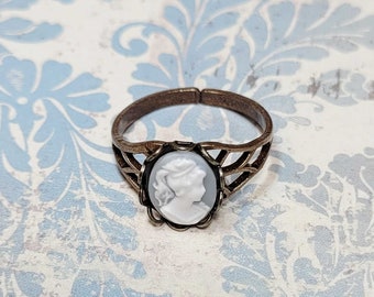 Blue Cameo Ring, Antique Style Ring, Victorian Cameo Ring, Vintage Style Ring, Adjustable Brass Ring, Size 6.5+