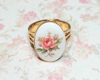 Pink Rose Ring, Victorian Ring, Vintage Style Ring, Gold Plated Costume Jewelry Adjustable Ring Size 7+