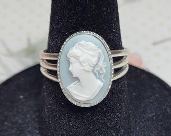 Blue Cameo Ring, Victorian Cameo Ring, Antique Style, Vintage Style Costume Jewelry, Silver Plated Adjustable Ring
