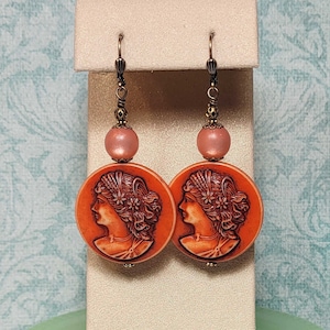 Orange Cameo Earrings, Vintage Resin Beads, Cameo Statement Earrings, Vintage Lover Gift, Lucite Earrings, Orange Earrings