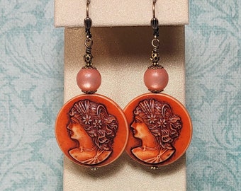 Orange Cameo Earrings, Vintage Resin Beads, Cameo Statement Earrings, Vintage Lover Gift, Lucite Earrings, Orange Earrings