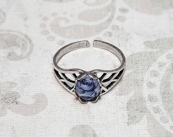 Blue Rose Cameo Ring, Vintage Porcelain Cameo Ring, Silver Plated Antique Style Ring, Victorian Style Ring, Adjustable Ring, Size 7+