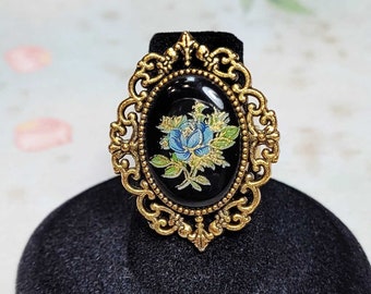 Blue Rose on Black Cameo Ring, Victorian Ring, Blue Rose Ring, Vintage Style Ring, Antique Style Ring, Adjustable Ring Size 6-8