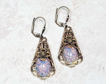 Pink Glass Opal Earrings, Filigree Earrings, Glass Opal Dangle Earrings, Vintage Style Earrings, Victorian Earrings