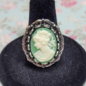 Green Cameo Ring, Silver Tone Ring, Antique Style Ring, Vintage Style Ring, Costume Jewelry, Victorian Statement Ring, Adjustable Size 8+