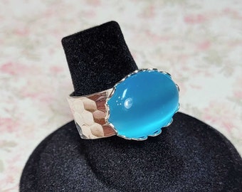 Blue Cat's Eye Ring, Wide Silver Tone Ring, Horizontal Blue Ring, Statement Ring, Blue Cocktail Ring, Adjustable Ring Size 7+