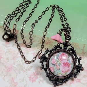 Vintage Style Floral Necklace, Pink Roses Necklace, Victorian Style Necklace, Romantic Gift for Vintage Lover, Cottage Core Jewelry