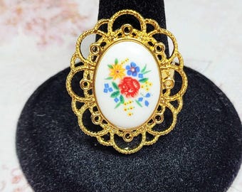 Colorful Floral Cameo Ring, Vintage Style Costume Jewelry Ring, Gold Tone Adjustable Ring Size 7-9, Flower Jewelry, Gift for Her