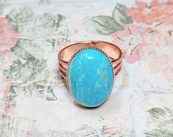 Turquoise Color Ring, Blue Dyed Howlite Ring, Copper Ring, Blue Gemstone Ring, Blue Statement Ring, Adjustable Ring Size 7-9